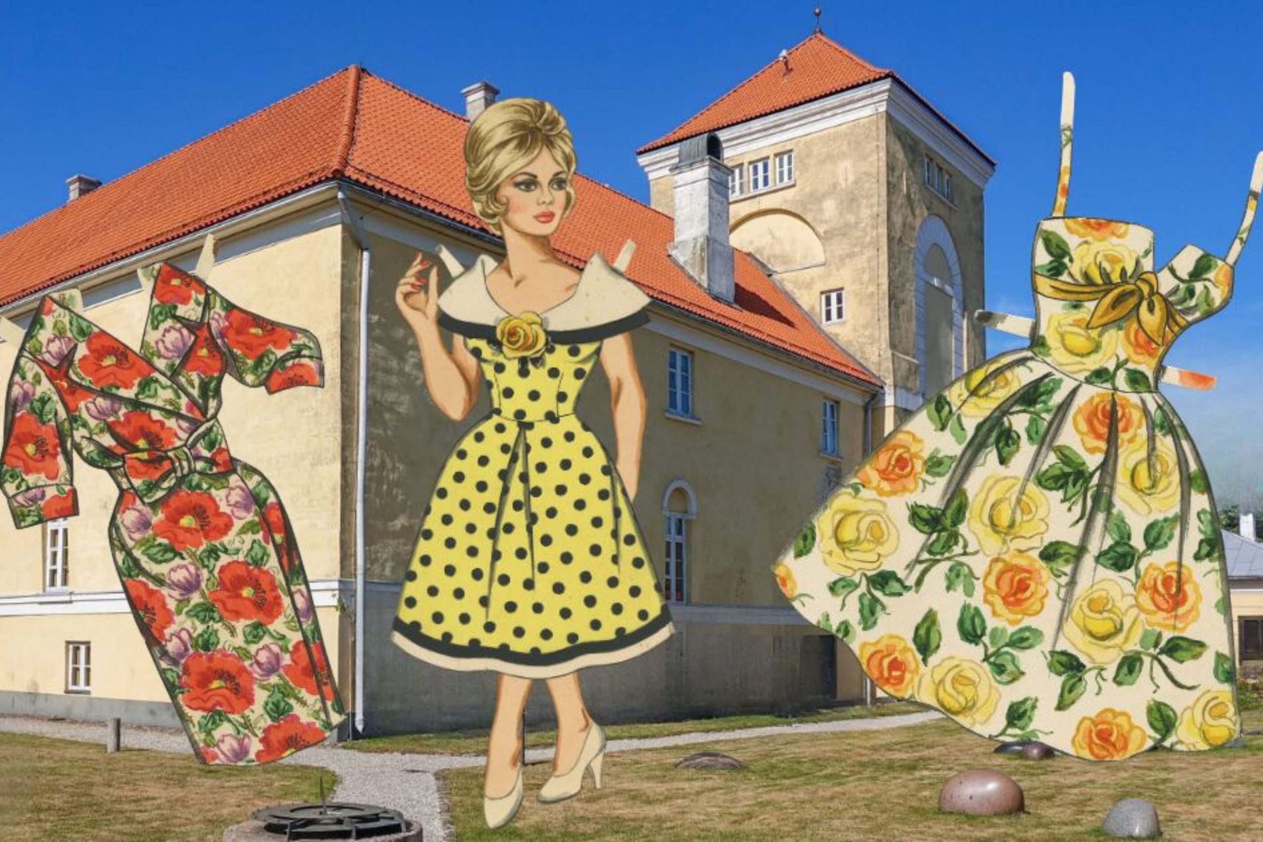 Livonijas ordeņa pils pavasarī un papīra lelles.